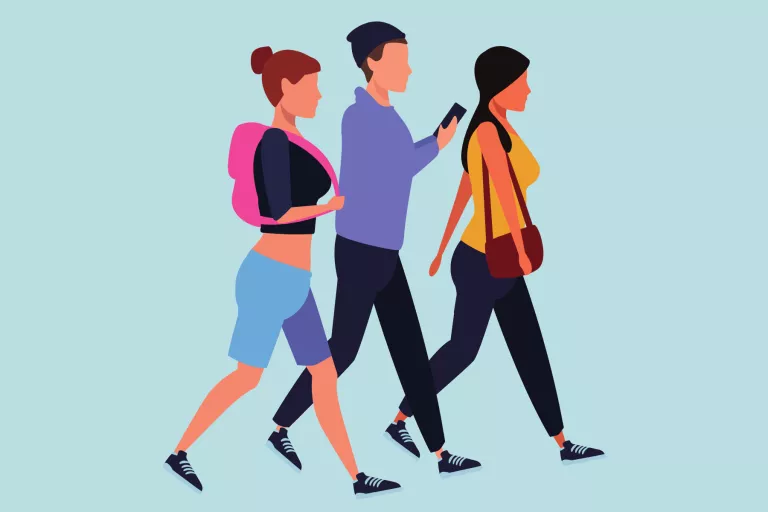 Cartoon of three people walking to the right